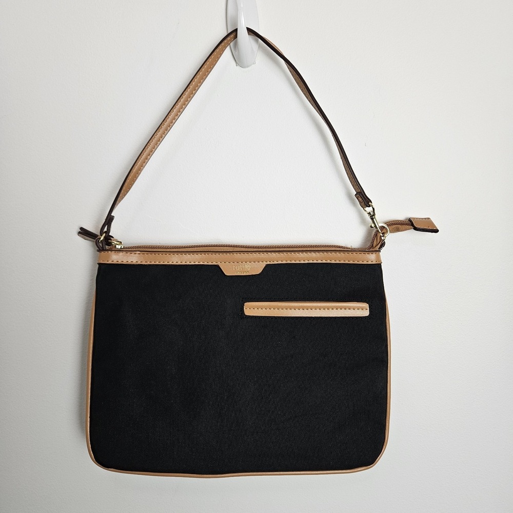 Tutilo New York Black‎ Nylon Tan Leather Trim Wristlet Purse Handbag